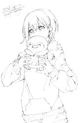 Rule 34 | 1girl, bang dream!, bang dream! it&#039;s mygo!!!!!, blush, commentary, dated, greyscale, highres, holding, holding stuffed toy, hood, hoodie, long sleeves, mangoshaobing, monochrome, short hair, signature, solo, stuffed animal, stuffed penguin, stuffed toy, symbol-only commentary, takamatsu tomori, upper body