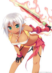 Rule 34 | 1girl, :p, black gloves, blush, breasts, cleavage, crop top, dark skin, dark-skinned female, flaming sword, flaming weapon, galaxy dungeon, gauntlets, gloves, green eyes, hand on own knee, jewelry, leaning forward, necklace, pointy ears, reverse grip, sazaki ichiri, short hair, short shorts, shorts, silver hair, solo, suspenders, sword, tongue, tongue out, weapon, white background