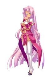 Rule 34 | 1girl, absurdres, aqua eyes, blue eyes, blush, breasts, center opening, cleavage, dark-skinned female, dark skin, detached sleeves, dress, facial mark, female focus, forehead mark, full body, game cg, hair intakes, hand on own hip, highres, hikage eiji, koihime musou, light smile, long hair, long sleeves, looking at viewer, navel, no bra, no panties, official art, pink hair, shin koihime musou, sleeves past wrists, solo, sonken, tan, thighhighs, transparent background, underboob, white background, white thighhighs