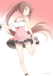 Rule 34 | 1girl, :o, adjusting clothes, adjusting shoe, alternate costume, artist name, asoka, bare arms, bare legs, bare shoulders, barefoot sandals (jewelry), black ribbon, blush, breasts, brown hair, cleavage, collarbone, dress, gothic wa mahou otome, gradient background, hair ribbon, leg up, long hair, looking to the side, medium breasts, no socks, open mouth, pink dress, ponytail, ranun (gothic wa mahou otome), red eyes, ribbon, sandals, sleeveless, sleeveless dress, solo, standing, standing on one leg, tareme, twitter username, very long hair, wristband