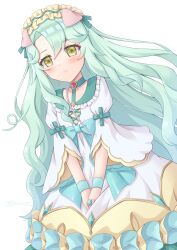 Rule 34 | 1girl, animal ears, blush, breasts, commentary request, dress, green eyes, green hair, hair between eyes, hair ornament, highres, jewelry, kisetsu an, long hair, looking at viewer, losed mouth, precia (princess connect!), princess connect!, ring, simple background, small breasts, solo, white background