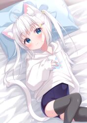 Rule 34 | 1girl, animal ear fluff, animal ears, black thighhighs, blue eyes, blue one-piece swimsuit, blush, cat ears, cat girl, cat tail, closed mouth, commentary request, fang, fang out, hair ornament, hairclip, highres, hood, hood down, hoodie, long hair, long sleeves, looking at viewer, lying, matchanear, no pants, on back, one-piece swimsuit, original, pillow, school swimsuit, skin fang, sleeves past wrists, solo, swimsuit, swimsuit under clothes, tail, thighhighs, twintails, white hair, white hoodie