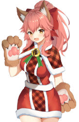 Rule 34 | 1girl, absurdres, animal ear fluff, animal ears, animal hands, bell, breasts, cat paws, collar, fang, fate/grand order, fate (series), fox ears, fox girl, gloves, hair ribbon, highres, jingle bell, large breasts, long hair, looking at viewer, neck bell, open mouth, paw gloves, pink hair, ponytail, puto (put to ), red ribbon, ribbon, santa costume, simple background, skin fang, solo, tamamo (fate), tamamo cat (fate), white background, yellow eyes