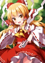 Rule 34 | 1girl, blonde hair, blush, bow, cosplay, cowboy shot, frilled bow, frilled skirt, frills, gohei, hair bow, hakurei reimu, hakurei reimu (cosplay), happy, highres, holding, kirisame marisa, long hair, nontraditional playboy bunny, ofuda, one-hour drawing challenge, open mouth, red bow, red skirt, red vest, ruu (tksymkw), skirt, solo, touhou, very long hair, vest, yellow eyes