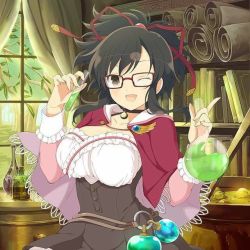 Rule 34 | 10s, 1girl, alchemy, asuka (senran kagura), atelier (series), atelier rorona, blush, breasts, brown eyes, brown hair, cape, cosplay, flask, glasses, hair ribbon, large breasts, long hair, looking at viewer, one eye closed, open mouth, ponytail, ribbon, rororina fryxell, rororina fryxell (cosplay), senran kagura, smile, solo, test tube, wink