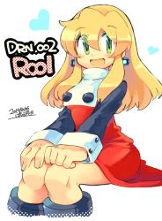 Rule 34 | 1girl, android, blonde hair, blush, breasts, capcom, dated, dress, earrings, english text, engrish text, green eyes, hair between eyes, hair down, hands on own knees, heart, iroyopon, jewelry, long hair, looking at viewer, mega man (classic), mega man (series), mega man 8, open mouth, ranguage, red dress, roll (mega man), signature, simple background, sitting, small breasts, solo, turtleneck, white background