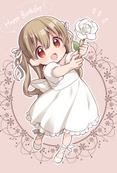 Rule 34 | 1girl, :d, aged down, ankle lace-up, arms up, back bow, bow, child, commentary request, cross-laced footwear, detached sleeves, dress, english text, flower, foreshortening, frills, from above, full body, hair behind ear, hair between eyes, hair ribbon, happy birthday, highres, holding, holding flower, incoming gift, leaf, legs apart, light brown hair, long hair, looking at viewer, looking up, minagi koharu, notice lines, off shoulder, official art, open mouth, outline, outside border, puffy short sleeves, puffy sleeves, red eyes, ribbon, rose, shoes, short sleeves, slow loop, smile, solo, speech bubble, standing, tan background, tareme, two side up, uchino maiko, white bow, white dress, white flower, white outline, white ribbon, white rose