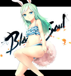 Rule 34 | 10s, 1girl, animal ears, bad id, bad pixiv id, bikini, blade &amp; soul, blue eyes, blue hair, copyright name, looking at viewer, lyn (blade &amp; soul), matching hair/eyes, navel, rabbit ears, solo, striped bikini, striped clothes, swimsuit, tachit, tail