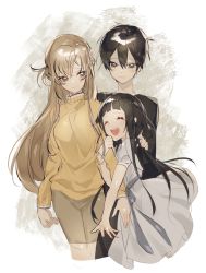 Rule 34 | 1boy, 2girls, asuna (sao), black eyes, black hair, blush, breasts, brown eyes, brown hair, brown pants, brown sweater, child, closed eyes, closed mouth, dress, facing viewer, family, gaaamtyyy, grey background, grey dress, hair between eyes, hand on another&#039;s shoulder, happy, highres, holding, holding another&#039;s arm, kirito, light brown hair, long hair, long sleeves, looking at another, medium breasts, multiple girls, open mouth, pants, short hair, short sleeves, sidelocks, simple background, smile, standing, sweat, sweater, sword art online, teeth, turtleneck, very long hair, white background, yui (sao)