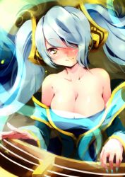 Rule 34 | 1girl, bad id, bad pixiv id, bare shoulders, blue hair, breasts, cleavage, hair over one eye, harp, instrument, large breasts, league of legends, long hair, nail polish, shulliy baudelair, smile, solo, sona (league of legends), twintails, yellow eyes