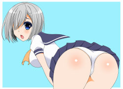 Rule 34 | 10s, 1girl, ass, bent over, blue eyes, blush, breasts, cameltoe, from behind, hair ornament, hair over one eye, hairclip, hamakaze (kancolle), kantai collection, leaning, leaning forward, looking at viewer, looking back, oda ken&#039;ichi, open mouth, panties, school uniform, shiny skin, short hair, sideboob, silver hair, skirt, solo, underwear, upskirt