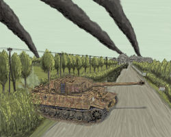 Rule 34 | building, caterpillar tracks, commentary, commentary request, cross, day, grass, iron cross, legionarius, military, military vehicle, motor vehicle, no humans, original, road, sky, smoke, tank, tiger i, town, traditional media, tree, utility pole, vehicle focus, world war ii