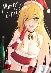 Rule 34 | 1girl, :d, ahoge, bare shoulders, black choker, blonde hair, bottle, breasts, choker, christmas, collarbone, commentary, cup, dress, drinking glass, english commentary, fur-trimmed dress, fur-trimmed headwear, fur trim, gloves, green eyes, hair over one eye, half updo, healther, highres, large breasts, leaning forward, long hair, looking at viewer, merry christmas, open mouth, original, pom pom (clothes), red dress, red gloves, red headwear, santa costume, smile, solo, strapless, strapless dress, very long hair, wine glass