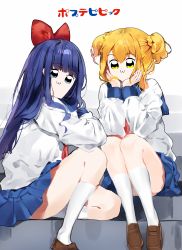Rule 34 | 10s, 2girls, :3, bad id, bad pixiv id, bkub (style), blue eyes, blue hair, blue sailor collar, blunt bangs, bow, copyright name, hair bow, hair ornament, hair scrunchie, hands on own face, highres, loafers, long hair, multiple girls, ongyageum, open mouth, orange eyes, orange hair, pipimi, poptepipic, popuko, sailor collar, school uniform, scrunchie, serafuku, shoes, sidelocks, sitting, smile, socks, stairs, two side up, white background, white legwear, yellow scrunchie