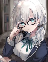 Rule 34 | 1girl, absurdres, adjusting eyewear, alternate costume, alternate hairstyle, ars almal, blue eyes, blurry, blurry background, book, bookshelf, breasts, glasses, highres, large breasts, library, looking at viewer, low twintails, nijisanji, pov, rokubungiurana, short hair, silver hair, solo, table, twintails, virtual youtuber