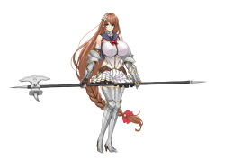 Rule 34 | 1girl, absurdly long hair, armor, armored boots, bare shoulders, boots, bow, bowtie, braid, breasts, commentary, flower, full body, gauntlets, hair flower, hair ornament, halberd, hayama kazusa, holding, holding weapon, large breasts, long hair, looking at viewer, original, pleated skirt, polearm, simple background, single braid, skirt, sleeveless, solo, standing, thigh boots, thighhighs, turtleneck, very long hair, weapon, white background, zettai ryouiki