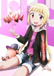 Rule 34 | 1girl, alice to zouroku, arm at side, baseball cap, belt, black jacket, blonde hair, blue shorts, blunt bangs, blush, brown belt, clothes writing, collarbone, elbow gloves, eyebrows, fingernails, gloves, hair ornament, hair scrunchie, hand up, hat, highres, jacket, kashimura sana, long hair, long sleeves, looking at viewer, low twintails, open clothes, open jacket, open mouth, pig, pink shirt, purple hat, red eyes, scrunchie, shirt, shorts, sitting, solo, spread legs, tanashi (mk2), tareme, teeth, tongue, twintails, unzipped, very long hair, white scrunchie, zipper