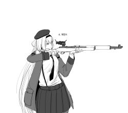 Rule 34 | 1girl, aiming, beret, closed mouth, coat, cowboy shot, girls&#039; frontline, greyscale, gun, hairband, hat, holding, holding gun, holding weapon, huqu, korean text, long hair, long sleeves, m1 garand, m1 garand (girls&#039; frontline), miniskirt, monochrome, necktie, one eye closed, open clothes, open coat, pleated skirt, rifle, scope, shirt, simple background, skirt, sniper rifle, solo, standing, translation request, very long hair, weapon, white background