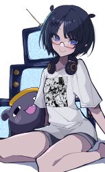 Rule 34 | 1girl, absurdres, bare legs, black hair, blue eyes, blush, commentary, crt, english commentary, glasses, grey shorts, hair ornament, headphones, headphones around neck, highres, hololive, hololive english, looking at viewer, mentally deficient, mole, mole under eye, ninomae ina&#039;nis, ninomae ina&#039;nis (loungewear), official alternate costume, pixie cut, pointy ears, rabbit ears antenna, semi-rimless eyewear, shirt, short hair, short shorts, short sleeves, shorts, simple background, sitting, smile, solo, static, t-shirt, takodachi (ninomae ina&#039;nis), television, virtual youtuber, wariza, white background, white shirt