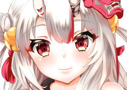 Rule 34 | 1girl, absurdres, bell, closed mouth, hair bell, hair between eyes, hair ornament, highres, hololive, horns, looking at viewer, mask, medium hair, nakiri ayame, oni, oni mask, portrait, red eyes, skin-covered horns, smile, solo, virtual youtuber, volke. (tubamenora), white background, white hair