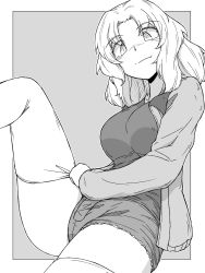 Rule 34 | 1girl, absurdres, adjusting clothes, adjusting legwear, border, closed mouth, commentary, cutoffs, denim, denim shorts, girls und panzer, greyscale, highres, jacket, kay (girls und panzer), knee up, leaning back, long hair, long sleeves, looking at viewer, monochrome, open clothes, open jacket, outside border, parted bangs, renshiu, saunders military uniform, shirt, short shorts, shorts, sitting, smile, solo, thighhighs