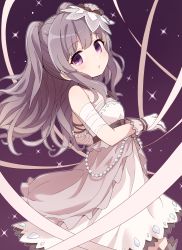 Rule 34 | 1girl, bandaged arm, bandages, bare shoulders, blush, dress, flower, gloves, grey hair, hair flower, hair ornament, highres, idolmaster, idolmaster shiny colors, long hair, looking at viewer, looking to the side, parted lips, purple background, purple eyes, rose, sidelocks, solo, sparkle, strapless, strapless dress, tadanoshi kabane, two side up, very long hair, white dress, white flower, white gloves, white rose, yukoku kiriko