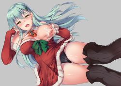 Rule 34 | 10s, 1girl, alternate costume, aqua hair, arm warmers, awa yume, black panties, black thighhighs, breasts, christmas tree hair ornament, detached collar, dress, green eyes, grey background, hair ornament, hairclip, jewelry, kantai collection, large breasts, long hair, neckerchief, one breast out, panties, red dress, red neckerchief, ring, simple background, solo, suggestive fluid, suzuya (kancolle), thighhighs, underwear, wedding band