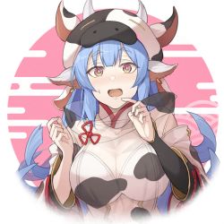 Rule 34 | 1girl, animal ears, animal print, bare shoulders, bikini, blue hair, blush, breasts, catura (granblue fantasy), cleavage, cow ears, cow girl, cow hat, cow horns, cow print, draph, ear piercing, egasumi, granblue fantasy, hinami (hinatamizu), horns, large breasts, long hair, looking at viewer, open mouth, piercing, revision, see-through, solo, swimsuit, white bikini, wide sleeves, yellow eyes