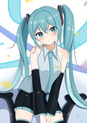 Rule 34 | 1girl, absurdres, aoki ao, blue eyes, blue hair, blush, boots, collared shirt, confetti, detached sleeves, hatsune miku, head tilt, highres, long hair, long sleeves, looking at viewer, necktie, open mouth, own hands together, pleated skirt, shirt, sitting, skirt, sleeveless, sleeveless shirt, solo, thigh boots, twintails, very long hair, vocaloid, wariza