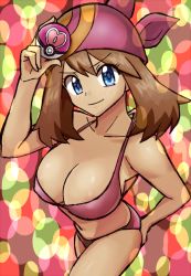 Rule 34 | 1girl, alternate costume, arm behind back, bandana, bare arms, bare legs, bare shoulders, bikini, blue eyes, blush, breasts, brown hair, cleavage, closed mouth, collarbone, creatures (company), female focus, game freak, hair between eyes, hand up, holding, holding poke ball, large breasts, legs, looking at viewer, love ball, may (pokemon), multicolored background, nakaba, navel, neck, nintendo, pink bandanna, pink bikini, poke ball, pokemon, pokemon rse, short hair, sideboob, smile, solo, standing, swimsuit