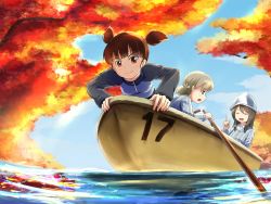 Rule 34 | 10s, 3girls, aki (girls und panzer), arm support, blue hat, blue jacket, blue shirt, blue sky, boat, buchikaki, closed eyes, closed mouth, cloud, cloudy sky, commentary request, day, dress shirt, frown, girls und panzer, green eyes, hair tie, hat, jacket, keizoku military uniform, keizoku school uniform, kneeling, lake, light brown hair, long hair, long sleeves, looking at viewer, mika (girls und panzer), mikko (girls und panzer), military, military uniform, multiple girls, oar, outdoors, pointing, pointing up, raglan sleeves, red eyes, red hair, school uniform, shirt, short hair, short twintails, sitting, sky, smile, striped clothes, striped shirt, sunlight, track jacket, tree, twintails, uniform, v-shaped eyebrows, vertical-striped clothes, vertical-striped shirt, water, watercraft, white shirt