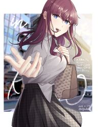 1girl :d bag blue_eyes blurry blurry_background breasts brown_bag collared_shirt commentary_request dated grey_shirt grey_skirt hair_down half_up_braid handbag highres holding jouhou konohana_suzuka long_sleeves looking_at_viewer medium_breasts medium_hair open_mouth photo_background reaching reaching_towards_viewer red_hair shirt skirt smile solo standing toji_no_miko translation_request twitter_username