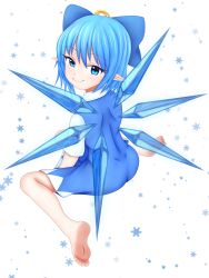 Rule 34 | 1girl, absurdres, ass, barefoot, blue eyes, blue hair, bow, cirno, dress, feet, hair bow, highres, huangqi (rubyzero2), ice, ice wings, looking at viewer, looking back, pointy ears, short hair, simple background, sitting, smile, snowflakes, soles, solo, toes, touhou, wariza, white background, wings
