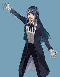 Rule 34 | 1girl, ado (utaite), black bow, black bowtie, black coat, black hair, black pants, blue background, blue eyes, blue flower, blue hair, blue rose, blush, bow, bowtie, chando (ado), cloud nine inc, coat, collared shirt, colored inner hair, commentary request, dress shirt, flower, flower brooch, gloves, highres, keeko (kk 0012), long sleeves, looking at viewer, mole, mole under eye, multicolored hair, open clothes, open coat, open mouth, pants, rose, shirt, sidelocks, simple background, solo, standing, teeth, utaite, white gloves, white shirt