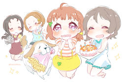 Rule 34 | 10s, 4girls, aged down, ahoge, birthday cake, black hair, blouse, bouquet, brown hair, cake, chibi, closed eyes, commentary request, dog, dress, flower, food, fork, highres, love live!, love live! sunshine!!, mouth hold, multiple girls, open mouth, orange hair, plate, plate stack, red eyes, ruka328, shiitake (love live! sunshine!!), shirt, short hair, short sleeves, simple background, skirt, sleeveless, sleeveless dress, sparkle, striped clothes, striped shirt, suspender skirt, suspenders, takami chika, takami mito, takami shima, tears, twitter username, watanabe you, wavy mouth, white background, yellow skirt