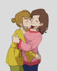 Rule 34 | 2girls, blonde hair, blue pants, breasts, brown hair, cheek-to-cheek, closed eyes, commentary, copyright request, english commentary, green pants, hair bun, heads together, highres, hug, kyokyeo, medium breasts, multiple girls, pants, pink sweater, single hair bun, sweater, tunic, yellow tunic, yuri