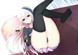 Rule 34 | 1girl, :d, aties20, black bow, black panties, black shirt, black thighhighs, blue eyes, blush, bow, brown hair, commentary request, gradient hair, hair between eyes, hair bow, ia (vocaloid), legs up, long hair, looking at viewer, multicolored hair, no shoes, off-shoulder shirt, off shoulder, on chair, open mouth, panties, pillow, pleated skirt, purple skirt, shirt, skirt, smile, soles, solo, thighhighs, underwear, very long hair, vocaloid, white hair