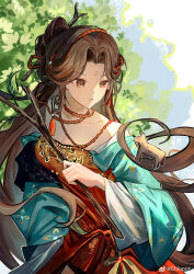 Rule 34 | 1girl, :o, absurdres, bare shoulders, blue sky, branch, brown eyes, brown hair, chinese hairpin, chiupoty, dress, facial mark, forehead mark, green sleeves, hair intakes, hair ornament, highres, holding, holding branch, horse statue, jiu niangzi, long hair, looking at object, looking to the side, off shoulder, red dress, reverse:1999, sky, solo, statuette, tree, turning head, upper body, very long hair, weibo logo, weibo watermark, wide sleeves