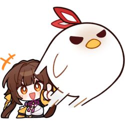 Rule 34 | +++, 1girl, :d, animal, bird, blush, brown hair, chibi, chinese clothes, commentary, english commentary, honkai: star rail, honkai (series), long hair, looking at animal, official art, open mouth, pointing, smile, sushang (honkai: star rail), transparent background, v-shaped eyebrows
