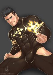 Rule 34 | 1boy, bara, black background, black bodysuit, black hair, blush, bodysuit, bulge, clothing cutout, covered abs, facial hair, fire, gluteal fold, hornsntail, large pectorals, looking at viewer, male focus, mature male, muscular, muscular male, pectorals, pyrokinesis, short hair, signature, simple background, solo, stubble, thick thighs, thigh cutout, thighs, tokyo houkago summoners, yellow eyes, zabaniyya (housamo)