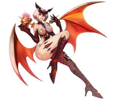 Rule 34 | 1girl, bare shoulders, bob cut, boots, breasts, chalice, claws, collarbone, commentary, cup, demon girl, demon wings, elbow gloves, facial mark, fishnet legwear, fishnets, full body, gloves, hair between eyes, hands up, headpiece, high heel boots, high heels, highres, holding, holding cup, knee boots, large breasts, leg up, leotard, looking at viewer, low wings, medium breasts, open mouth, orange wings, original, parted lips, pointy ears, red eyes, scar, scar across eye, scar on face, shiny clothes, shiny skin, short hair, shoulder spikes, silver hair, simple background, skin tight, solo, sookmo, spikes, spread wings, white background, wings