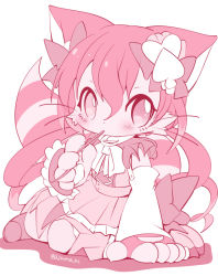 Rule 34 | 1girl, animal ears, azuma minatsu, blush, body fur, bow, cat, cat busters, cat ears, cat girl, cat tail, cheshire (cat busters), commentary request, detached sleeves, fingerless gloves, furry, furry female, gloves, hair bow, monochrome, pawpads, pleated skirt, simple background, sitting, skirt, solo, striped tail, tail, twitter username, whiskers