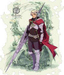 Rule 34 | 1boy, armor, bad id, bad pixiv id, braid, cape, flower, gauntlets, greaves, highres, knight, lance, lizzydom, male focus, pixiv fantasia, pixiv fantasia wizard and knight, polearm, red eyes, solo, weapon, white hair