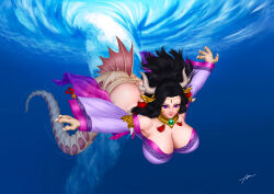Rule 34 | abremson, ass, black hair, bottomless, breasts, bubble, butt crack, claws, cleavage, dragon girl, fins, full body, hanging breasts, horns, huge ass, huge breasts, jewelry, large breasts, long hair, looking at viewer, monster girl, monster girl encyclopedia, monster girl encyclopedia ii, necklace, ocean, otohime (monster girl encyclopedia), purple eyes, revealing clothes, slit pupils, smirk, submerged, swimming, tail, underwater, water, whirlpool