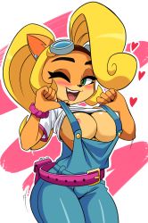 Rule 34 | 1girl, belt, blonde hair, breasts, cleavage, clothes lift, coco bandicoot, crash bandicoot (series), goggles, goggles on head, green eyes, heart, highres, mergeritter, nipple slip, nipples, overalls, ponytail, shirt lift, third-party edit
