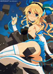 Rule 34 | 1girl, aizawa hikaru, aqua eyes, ass, bare shoulders, blonde hair, blue eyes, boots, cable, caee penguin, detached sleeves, hairband, high heels, highres, leg up, legs, long hair, microsoft, nail polish, open mouth, panties, shoes, silverlight, solo, thigh boots, thighhighs, thong, underwear, usb, white thighhighs