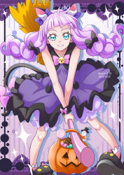Rule 34 | 1girl, ahoge, alternate costume, animal ears, bell, black bow, blue eyes, bow, broom, broom riding, cat ears, cure majesty, dress, fake animal ears, grin, hair bow, halloween, halloween bucket, halloween costume, hanzou, highres, hirogaru sky! precure, long hair, looking at viewer, pink bow, pink hair, precure, purple dress, shorts, shorts under dress, smile, solo, twintails, very long hair, white shorts, wrist cuffs
