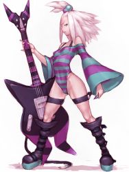 Rule 34 | 10s, 1girl, adapted costume, aqua eyes, bare shoulders, bass guitar, black legwear, blue eyes, boots, breasts, cameltoe, combat boots, covered erect nipples, creatures (company), electric guitar, flat chest, full body, fumio (rsqkr), game freak, guitar, gym leader, hair bobbles, hair ornament, highleg, highleg leotard, holding, instrument, knee boots, leotard, long hair, long sleeves, looking at viewer, looking back, nintendo, platform footwear, plectrum, pokemon, pokemon bw2, profile, roxie (pokemon), shadow, shirt, short hair, simple background, small breasts, solo, spiked hair, spread legs, standing, striped clothes, striped shirt, thigh strap, thighs, toned, topknot, two-tone stripes, white background, white hair, wide sleeves