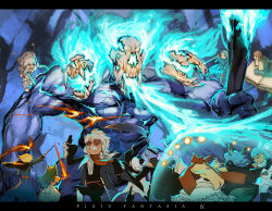 Rule 34 | 6+others, animal ears, animal skull, arms up, bare shoulders, barefoot, battle, black gloves, blonde hair, blue fire, blue hair, book, boots, brown footwear, brown hair, casting spell, copyright name, energy barrier, english text, closed eyes, fire, fire, flaming sword, flaming weapon, fleeing, floating, flying, gender request, glasses, gloves, green hair, grey hair, holding, holding book, holding scythe, holding sword, holding torch, holding wand, holding weapon, long hair, magic, monster, multiple others, muscular, open book, open mouth, oversized object, pixiv fantasia, pixiv fantasia 4, planted, planted sword, planted weapon, protecting, running, ryota-h, scythe, short eyebrows, skull, spell, sword, teeth, torch, upper teeth only, veins, wand, weapon, white hair