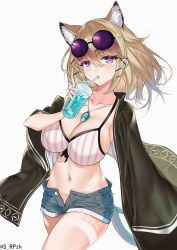 Rule 34 | 1girl, absurdres, animal ear fluff, animal ears, aqua nails, arknights, bikini, blush, breasts, brown hair, cleavage, commentary, cowboy shot, cup, drinking, drinking straw, eyewear on head, grey bikini, hair between eyes, hand up, has bad revision, has downscaled revision, highres, holding, holding cup, jewelry, large breasts, looking at viewer, md5 mismatch, nail polish, navel, official alternate costume, open fly, pendant, purple eyes, resolution mismatch, short hair, short shorts, shorts, simple background, solo, source smaller, srpzk, standing, stomach, striped bikini, striped clothes, sunglasses, swimsuit, swimsuit cover-up, thighs, utage (arknights), utage (summer flowers) (arknights), vertical-striped bikini, vertical-striped clothes, white background